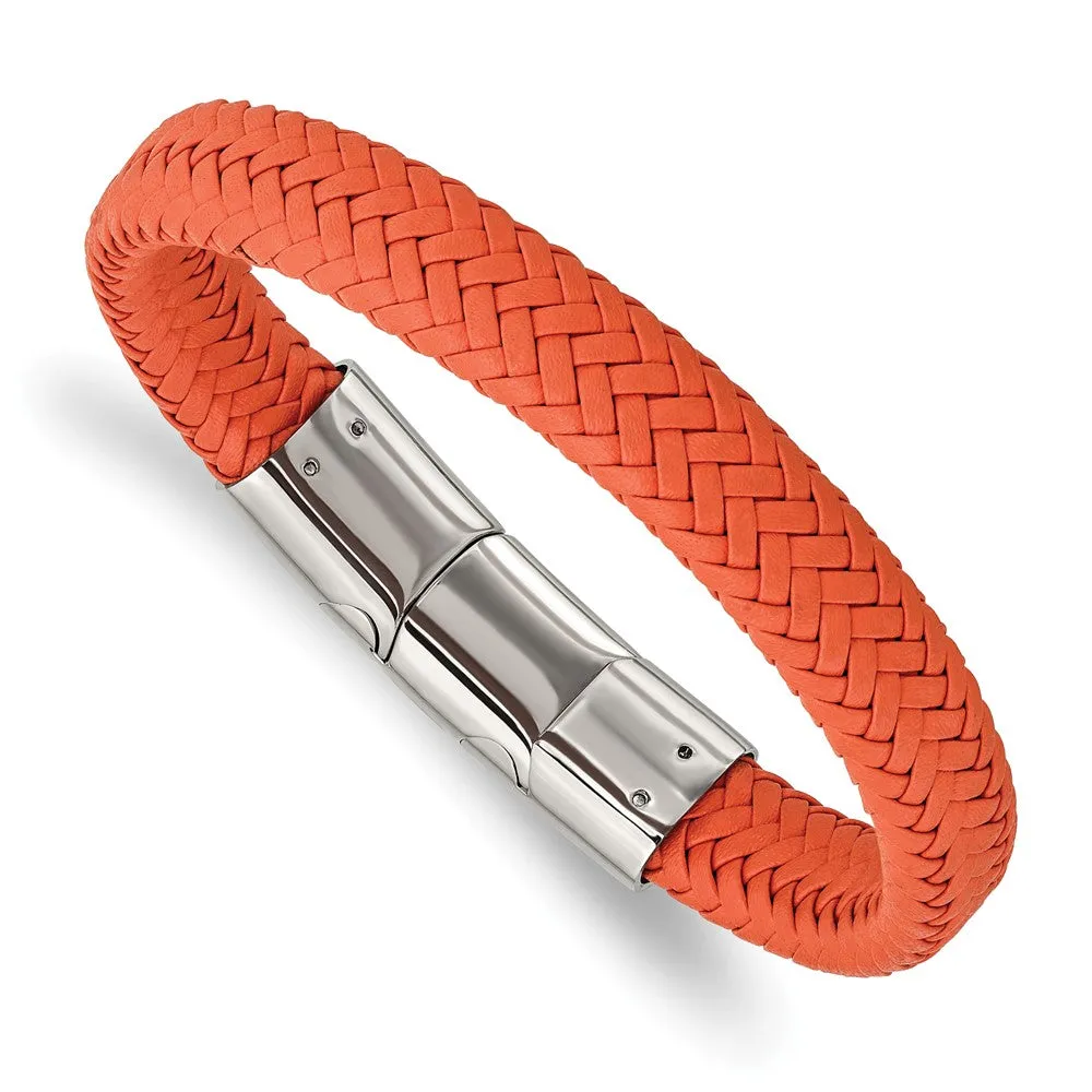 12mm Stainless Steel (Multiple Colors) Woven Leather Adj Bracelet 8 In