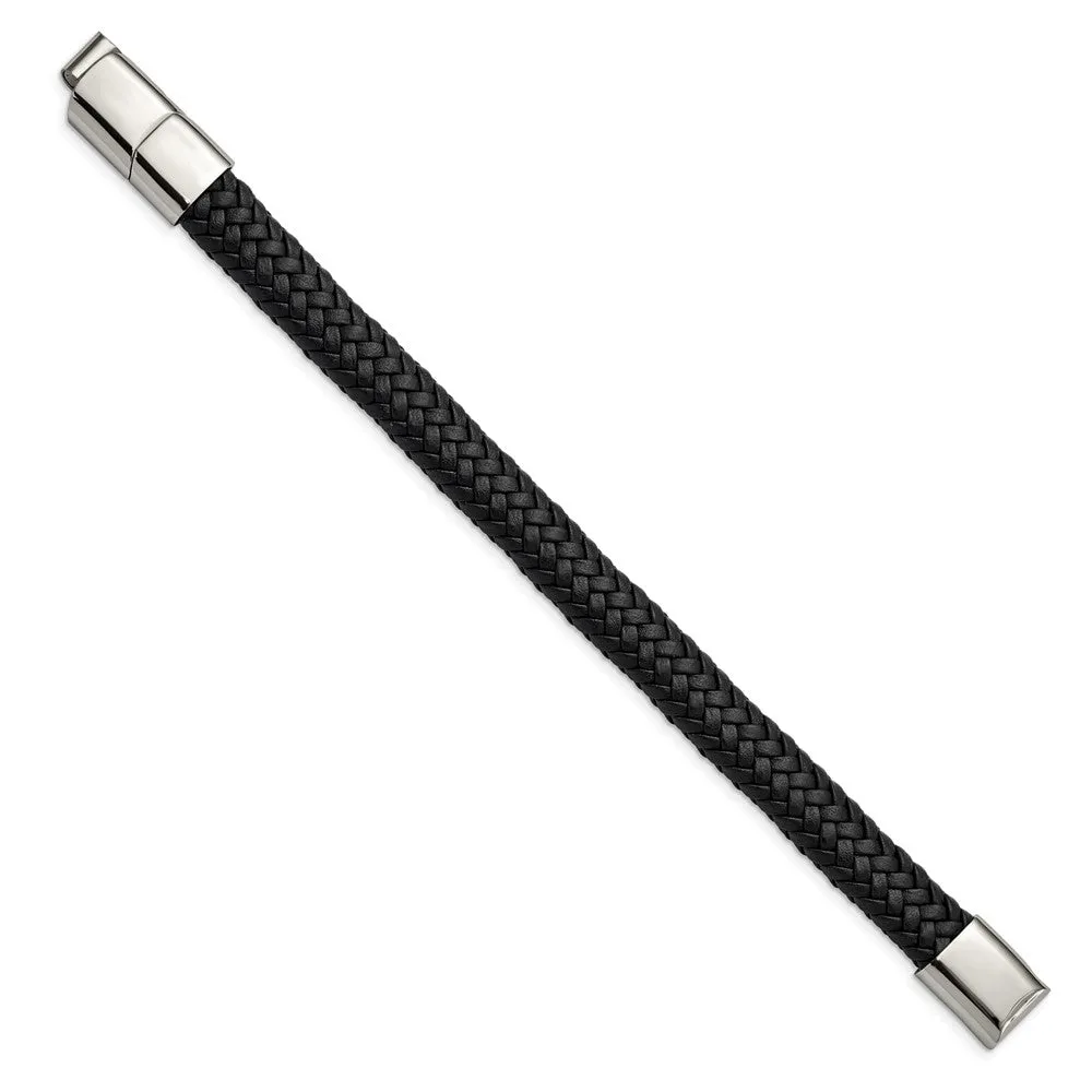 12mm Stainless Steel (Multiple Colors) Woven Leather Adj Bracelet 8 In