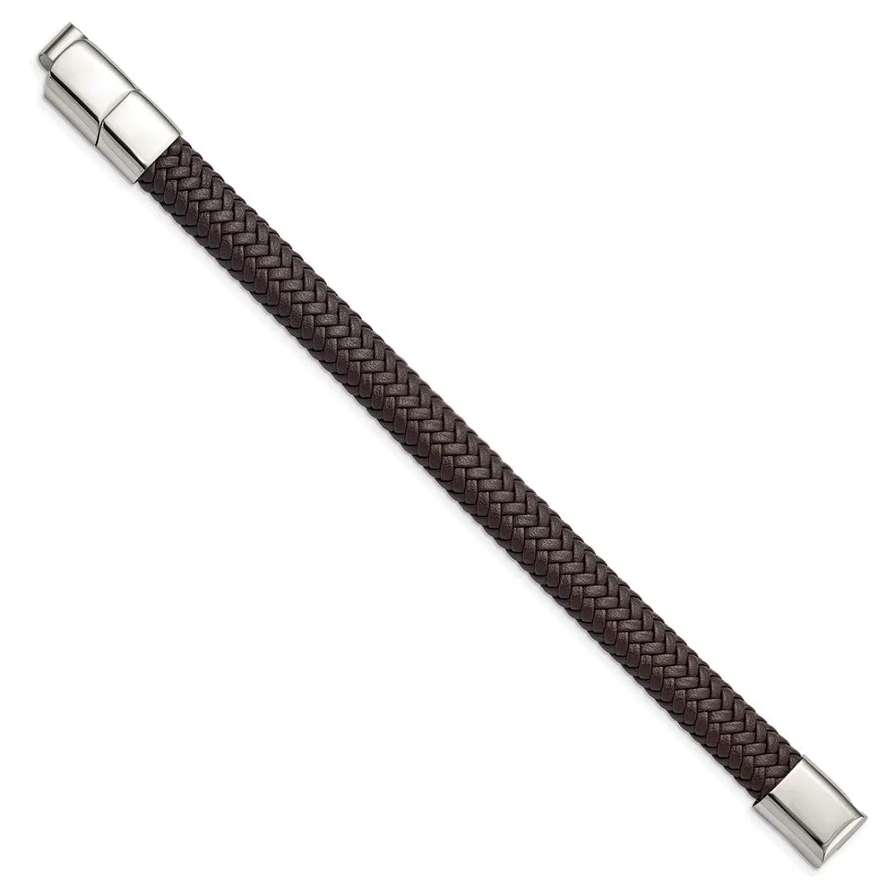 12mm Stainless Steel (Multiple Colors) Woven Leather Adj Bracelet 8 In