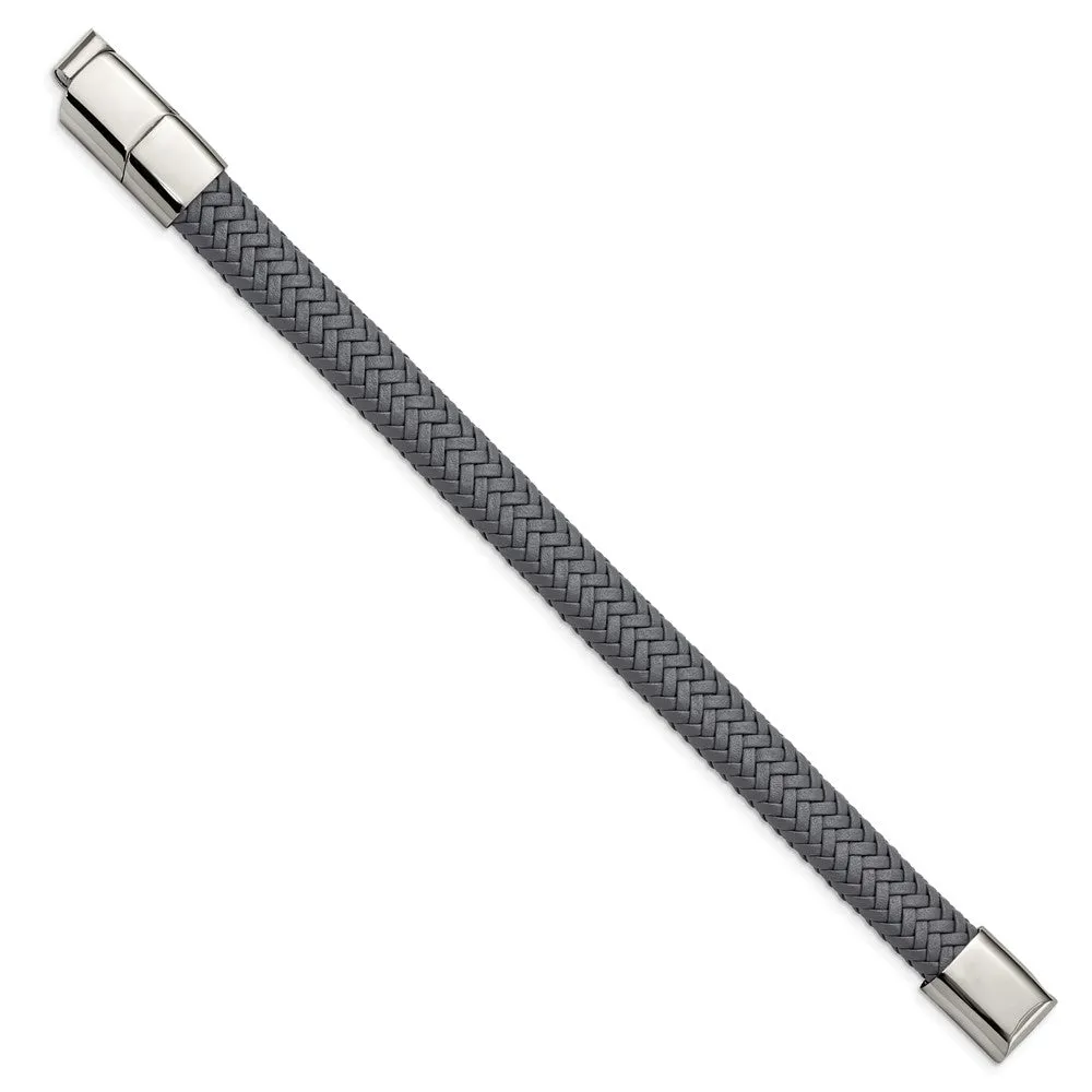 12mm Stainless Steel (Multiple Colors) Woven Leather Adj Bracelet 8 In