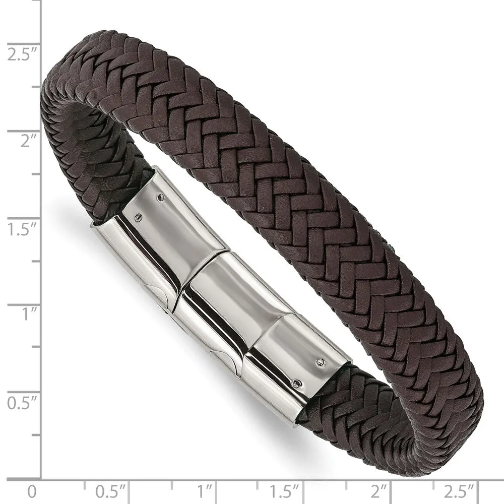 12mm Stainless Steel (Multiple Colors) Woven Leather Adj Bracelet 8 In