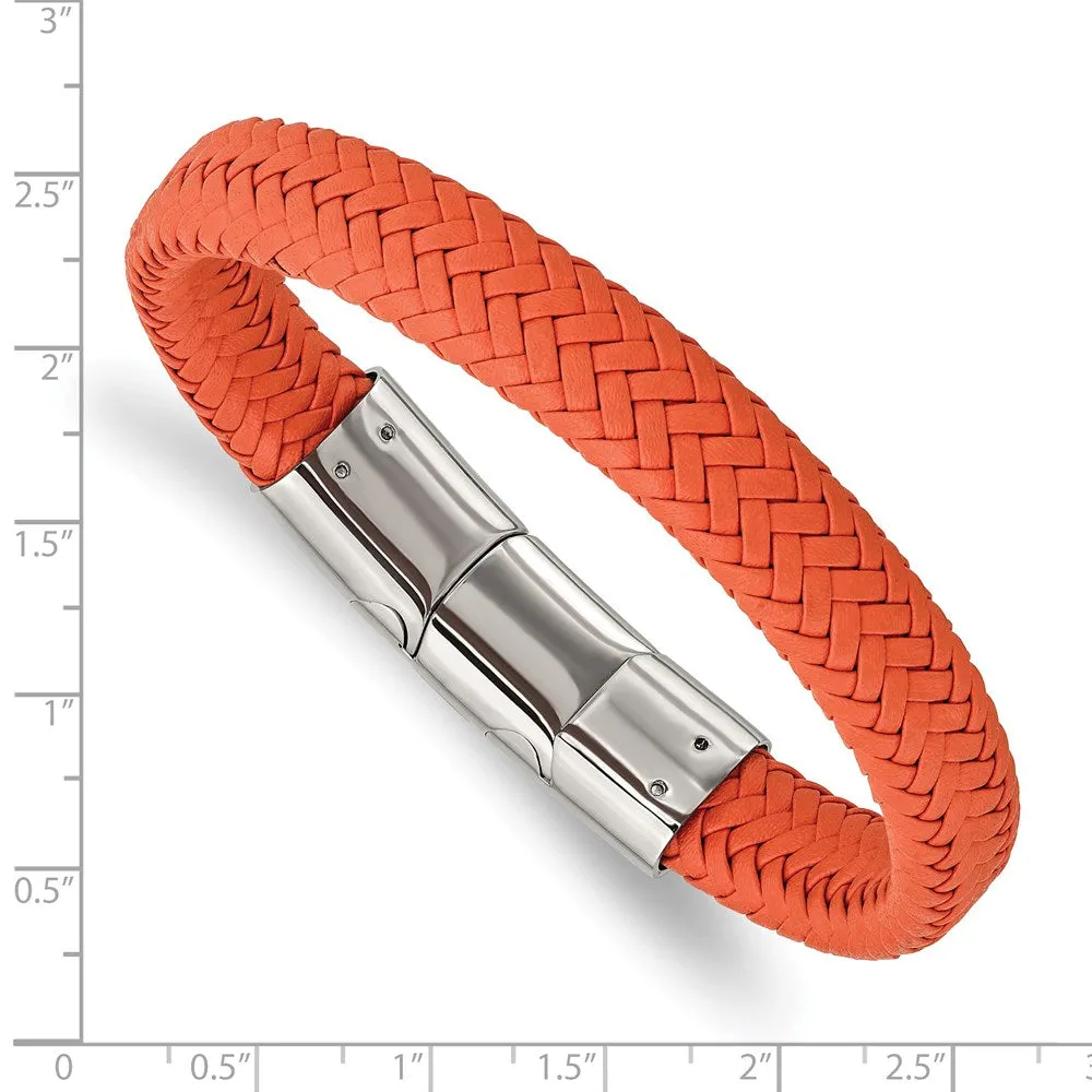 12mm Stainless Steel (Multiple Colors) Woven Leather Adj Bracelet 8 In