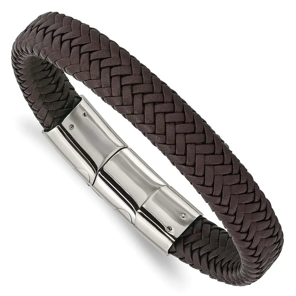 12mm Stainless Steel (Multiple Colors) Woven Leather Adj Bracelet 8 In