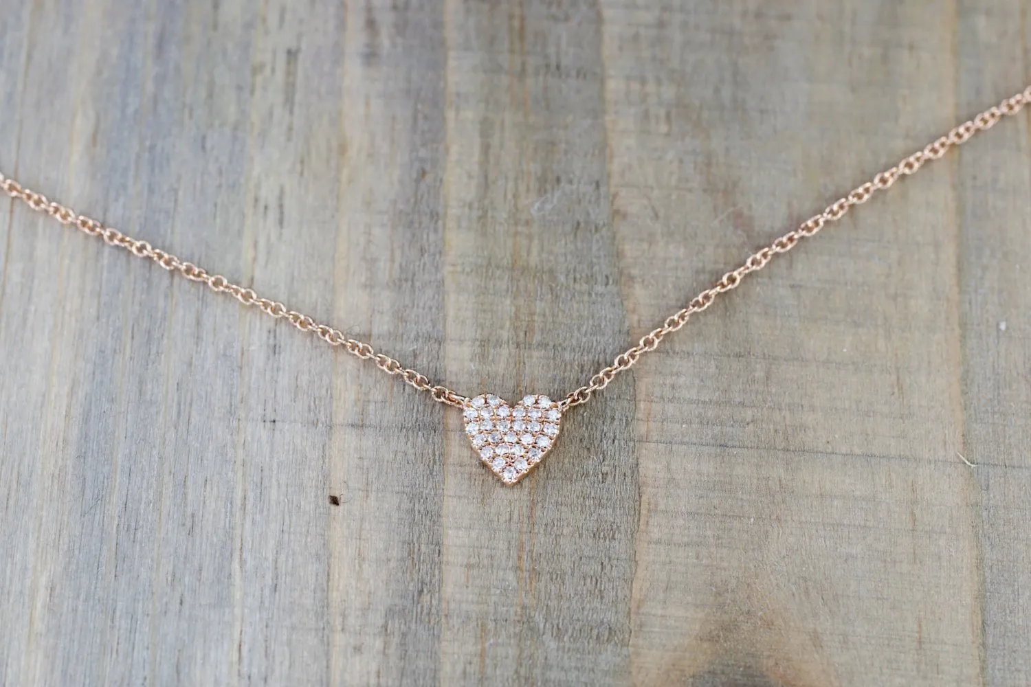 14k Rose Gold Heart Diamond Micro Pave Pendant Charm Multiple Length Chain