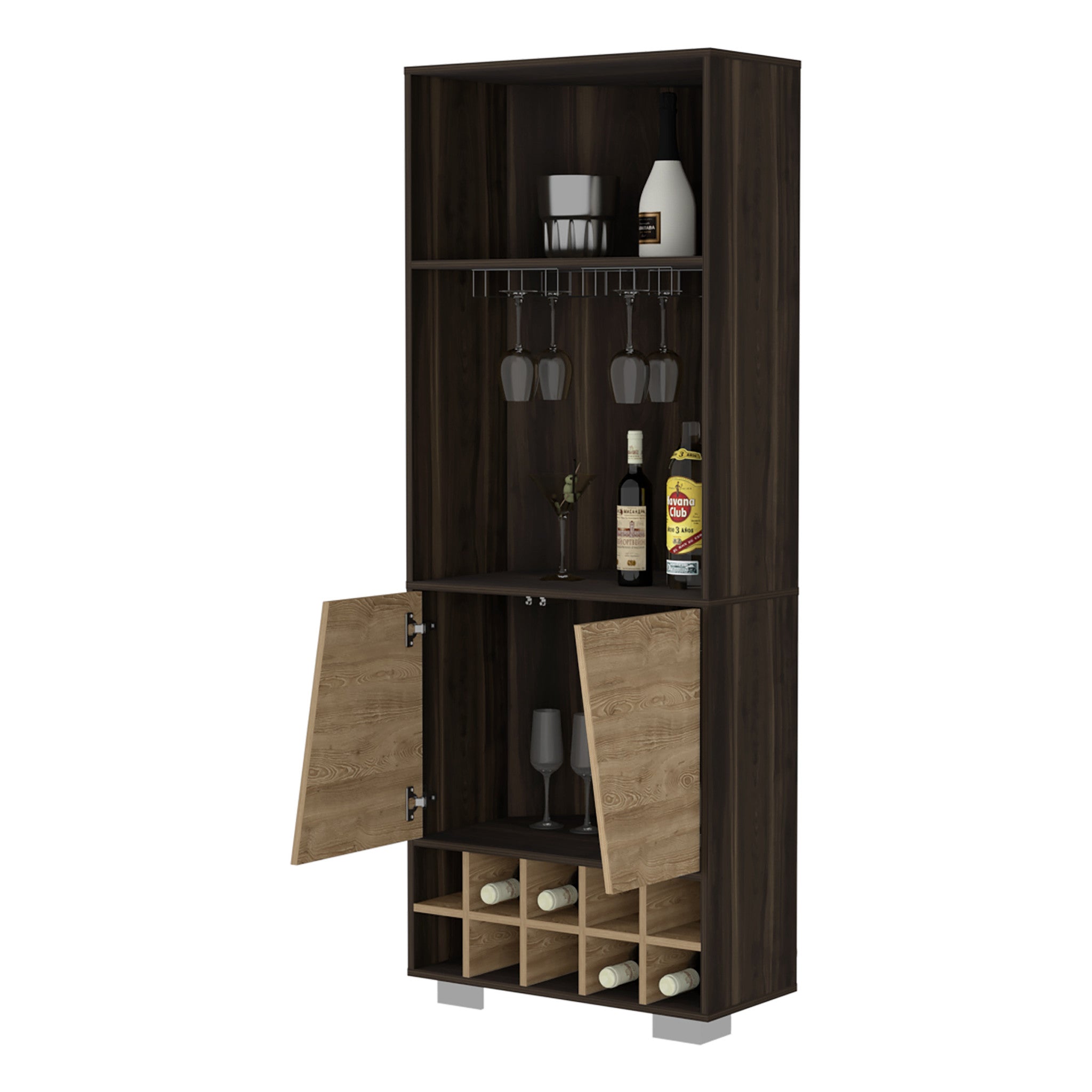 27 Dark Brown Corner Bar Cabinet With Multiple Shelves