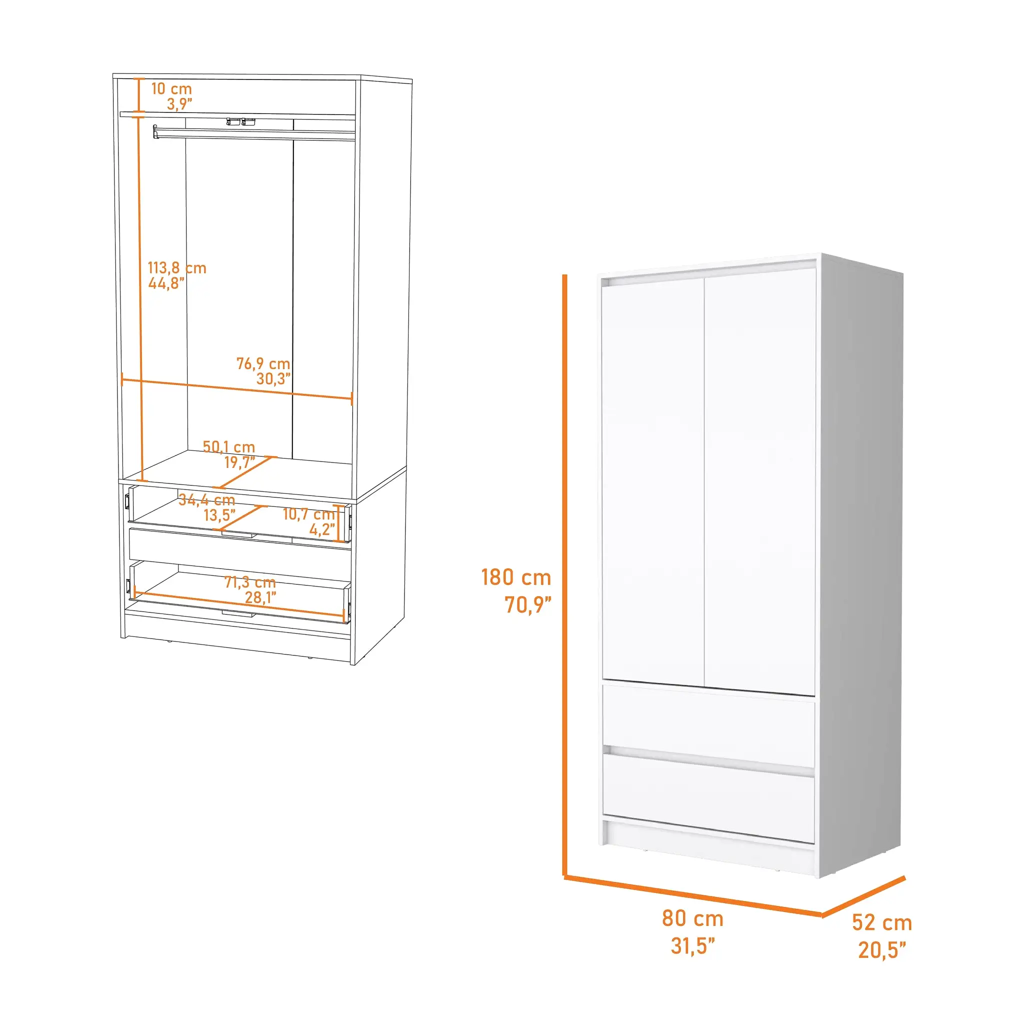 32 White Accent Cabinet Soft Close With Multiple Shelves And Two Drawers