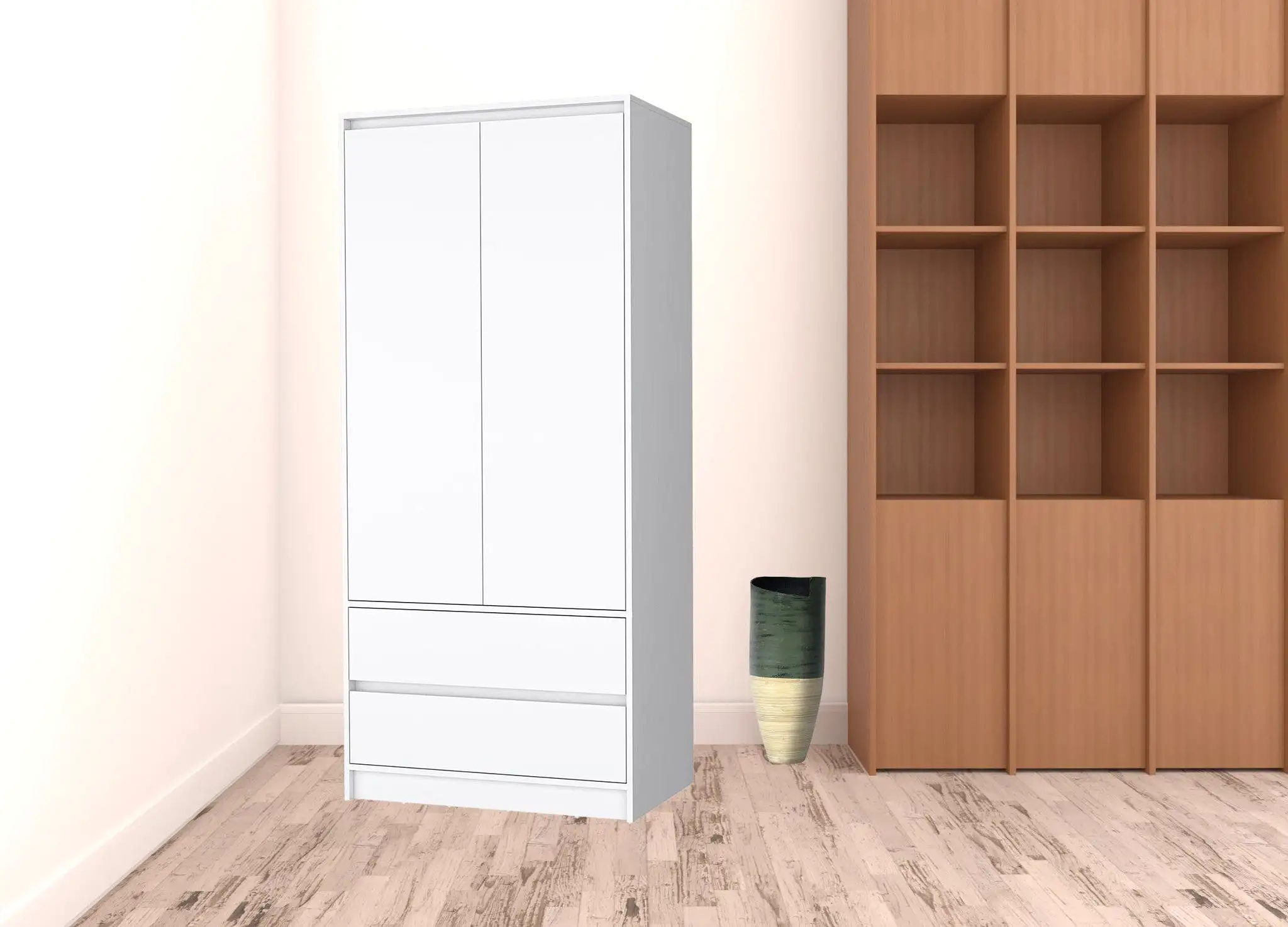 32 White Accent Cabinet Soft Close With Multiple Shelves And Two Drawers