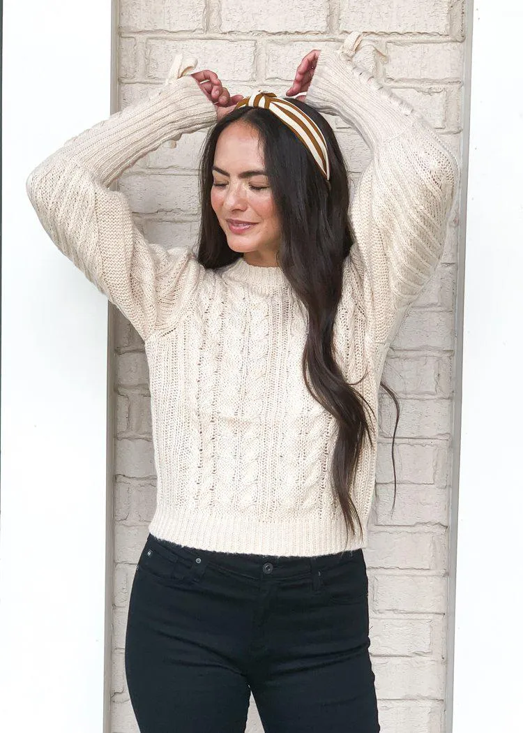 525 America Lace Up Sleeve Cable Knit Sweater-Oatmeal ***FINAL SALE***