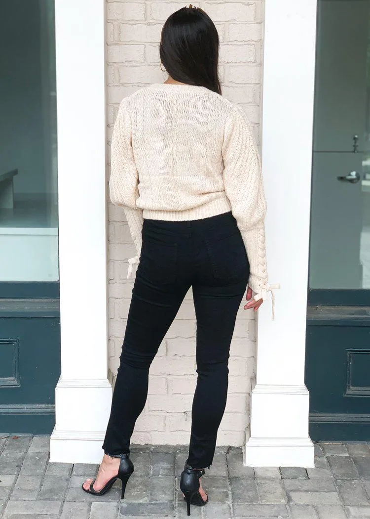 525 America Lace Up Sleeve Cable Knit Sweater-Oatmeal ***FINAL SALE***