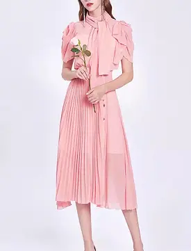 Chiffon Pleated Skirt Stand Collar Midi Dress