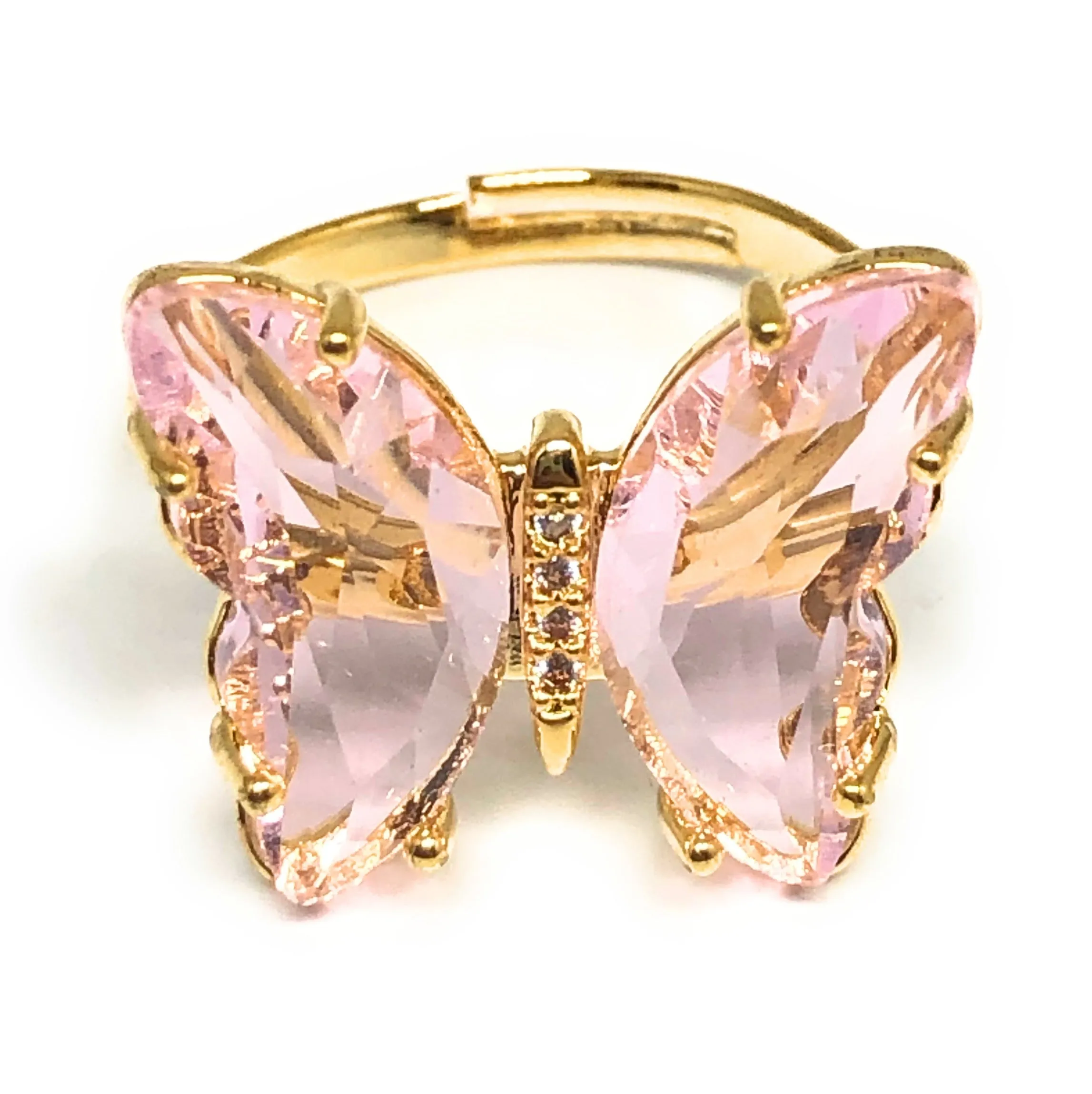 Gold Plated Adjustable Butterfly Crystal Ring Sizes 8-11 Multiple Colors Anillo