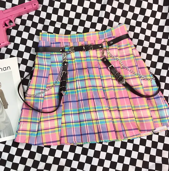 GRADUAL PINK CHECKER JK PLEATED SKIRT+BELT BY61024