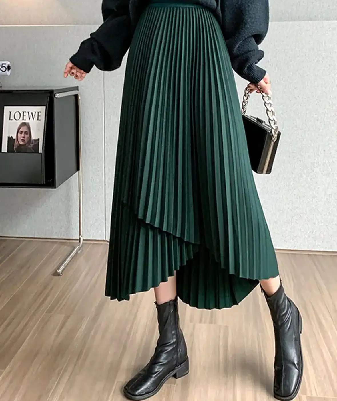 Green Pleated Asymmetrical Skirt