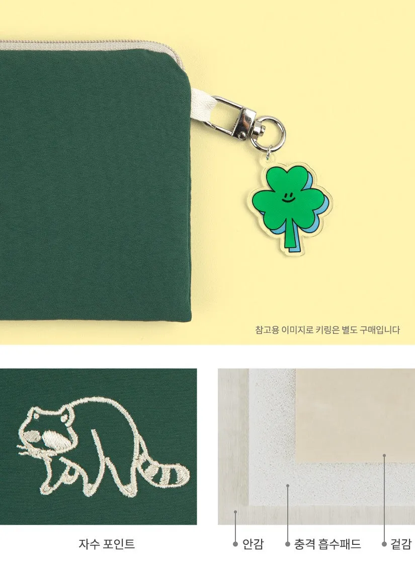 Green Raccoon Character Slim Pencil Cases Embroidery Lightweight Pouch Stationery School Office