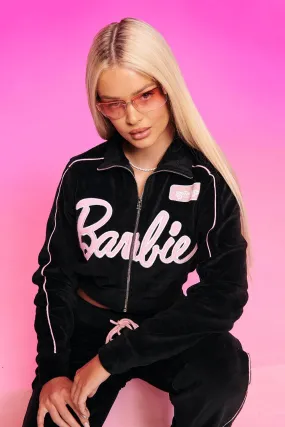 Hoodies & Sweatshirts | Barbie Velour Cropped Zip Through Jacket | boohoo