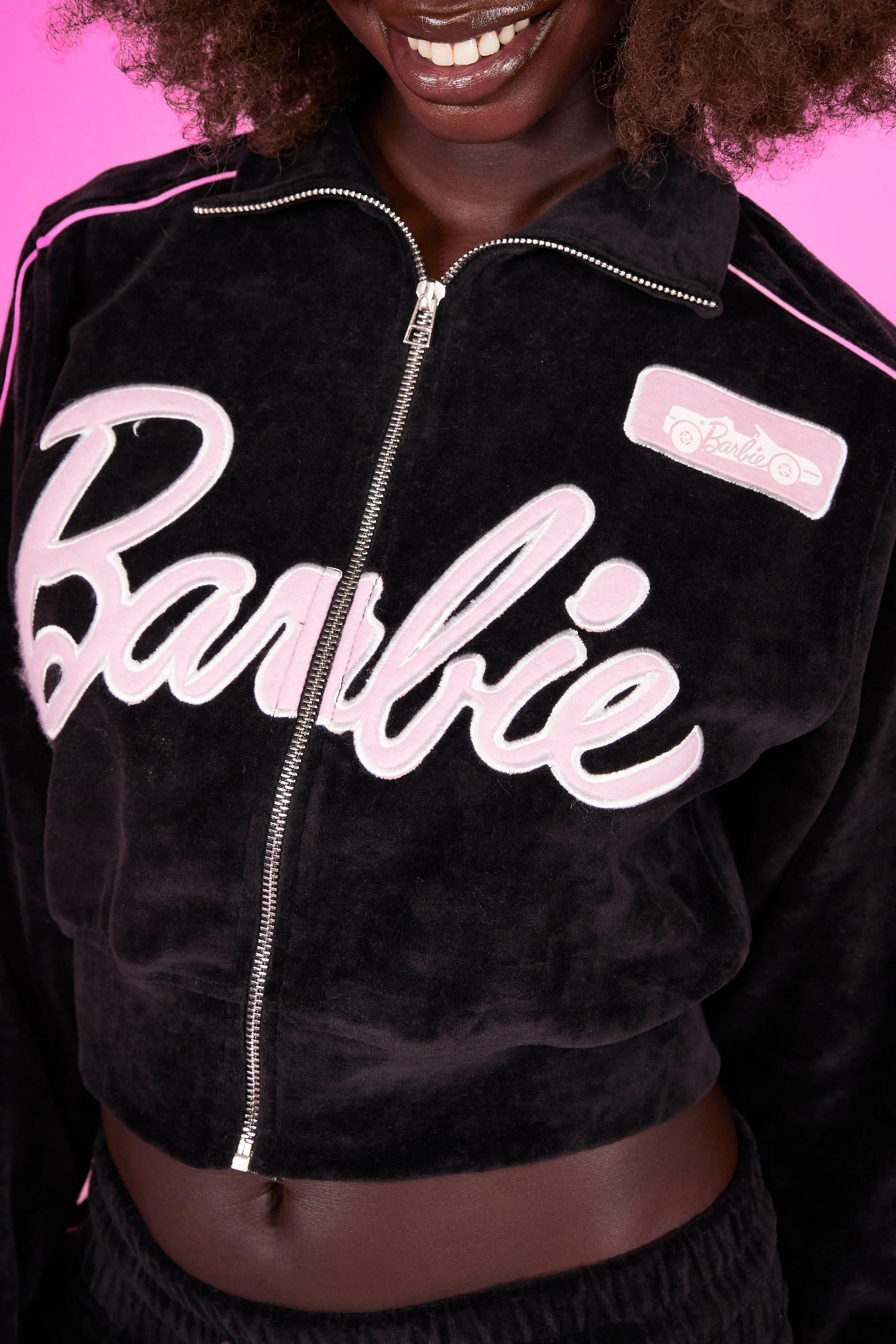 Hoodies & Sweatshirts | Barbie Velour Cropped Zip Through Jacket | boohoo