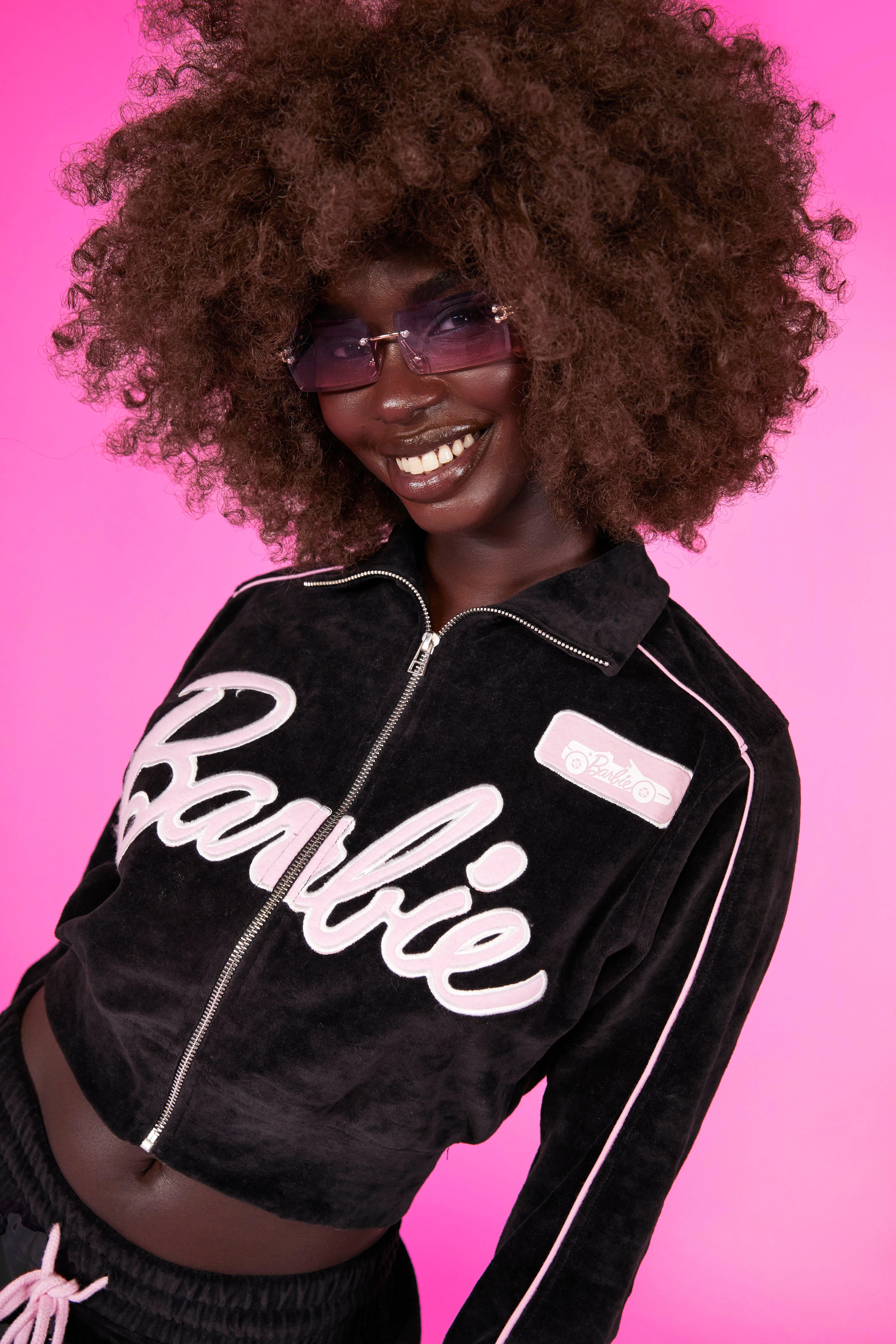 Hoodies & Sweatshirts | Barbie Velour Cropped Zip Through Jacket | boohoo