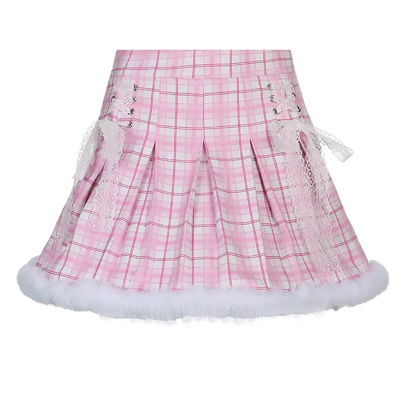 Ins Spice Girl wool stitched Pink Plaid pleated skirt BY4088