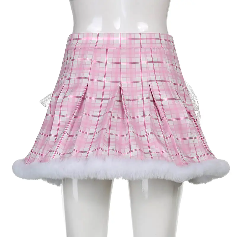 Ins Spice Girl wool stitched Pink Plaid pleated skirt BY4088