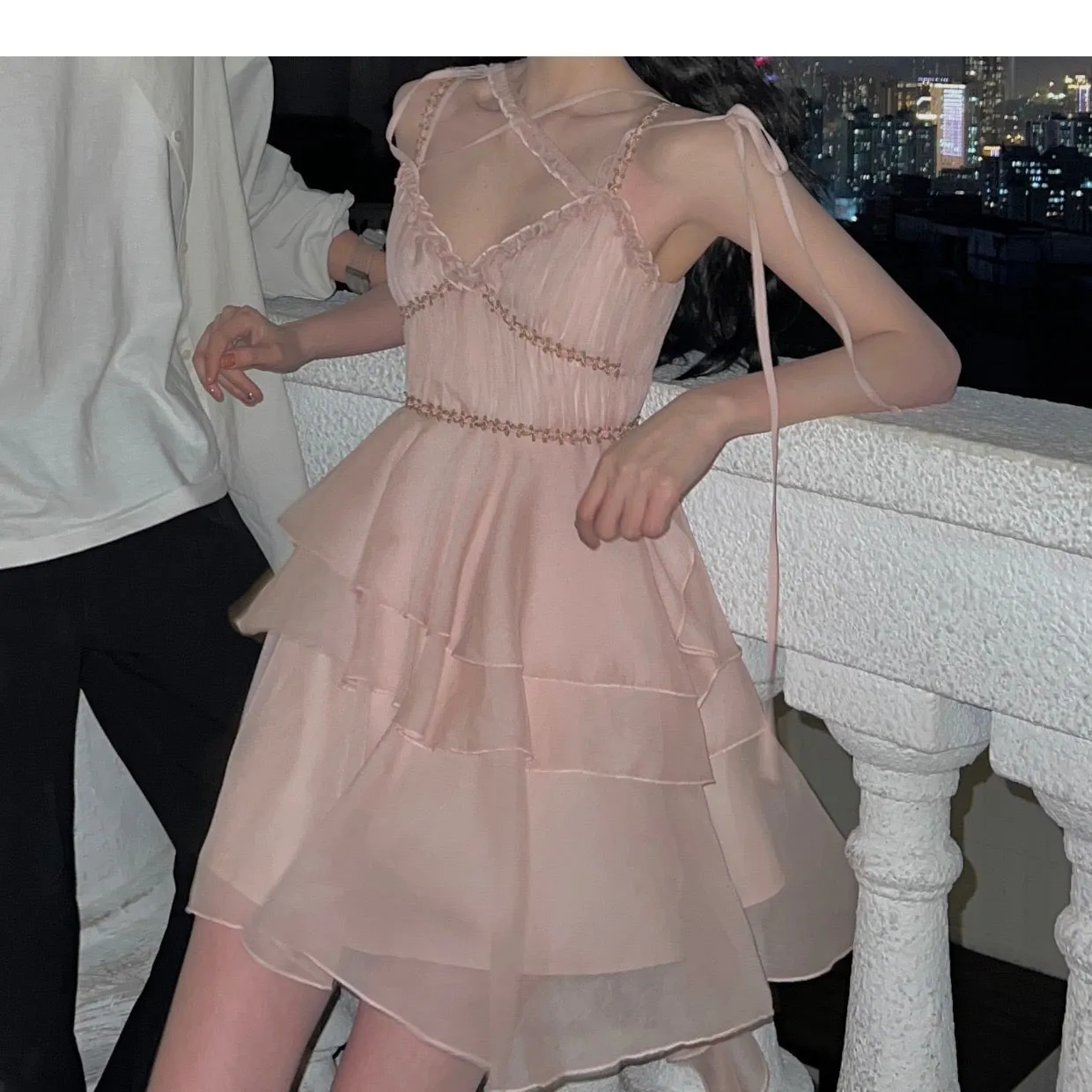 irregular ruffle high waist fairy pink dress