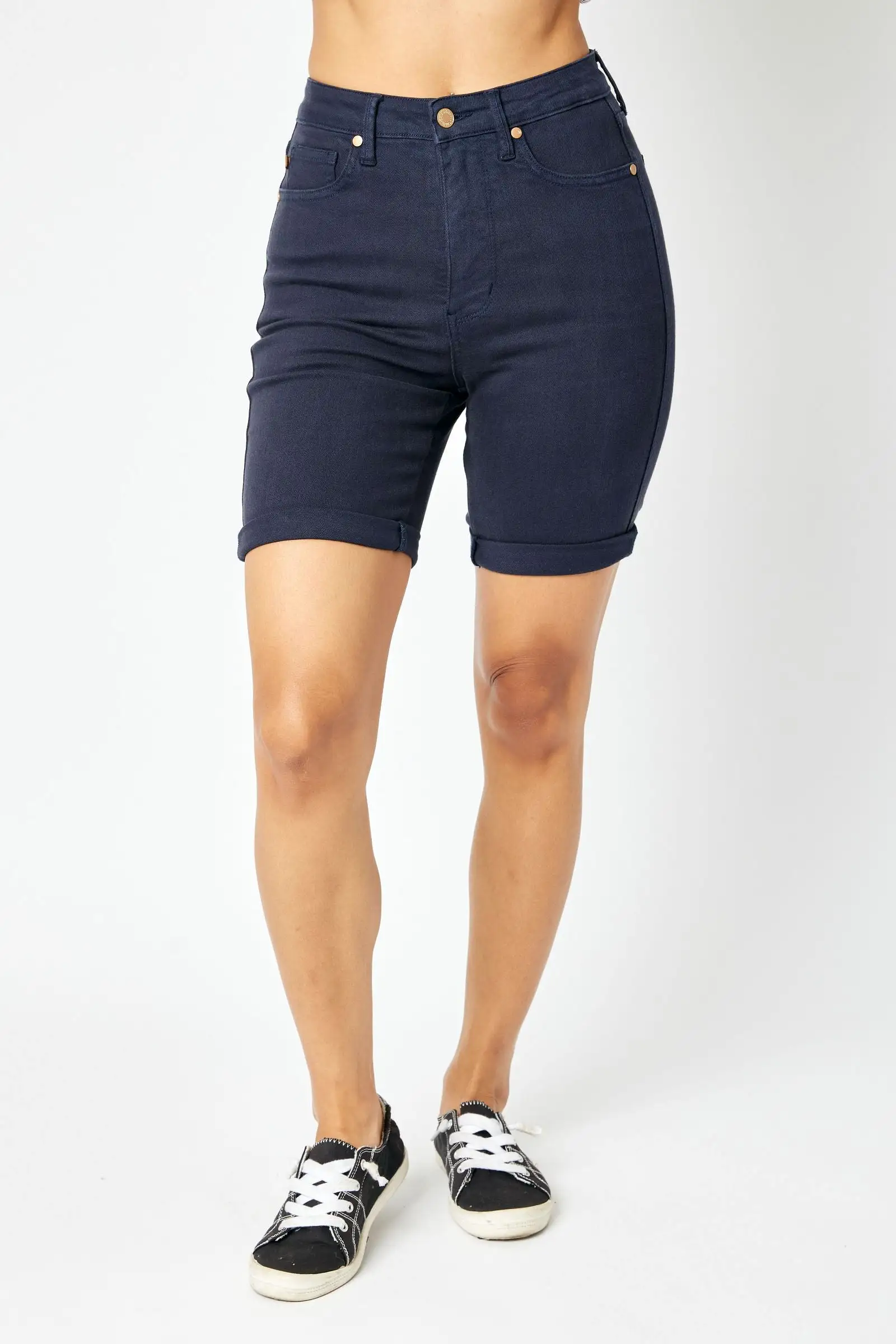 JUDY BLUE HIGH WAIST NAVY GARMENT DYED TUMMY CONTROL BERMUDA SHORTS