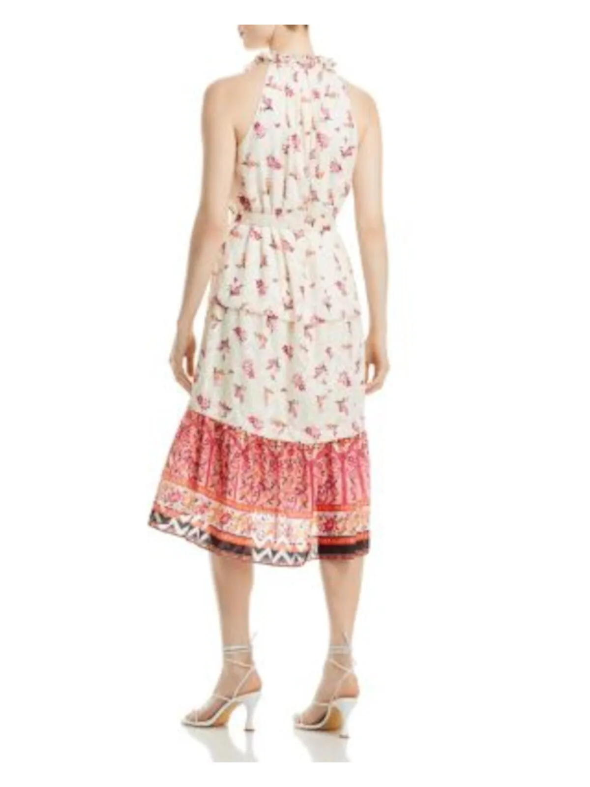 KOBI HALPERIN Womens Ivory Ruffled Lined Tie Belt Tiered Skirt Floral Sleeveless V Neck Below The Knee Shift Dress