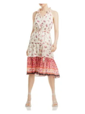 KOBI HALPERIN Womens Ivory Ruffled Lined Tie Belt Tiered Skirt Floral Sleeveless V Neck Below The Knee Shift Dress