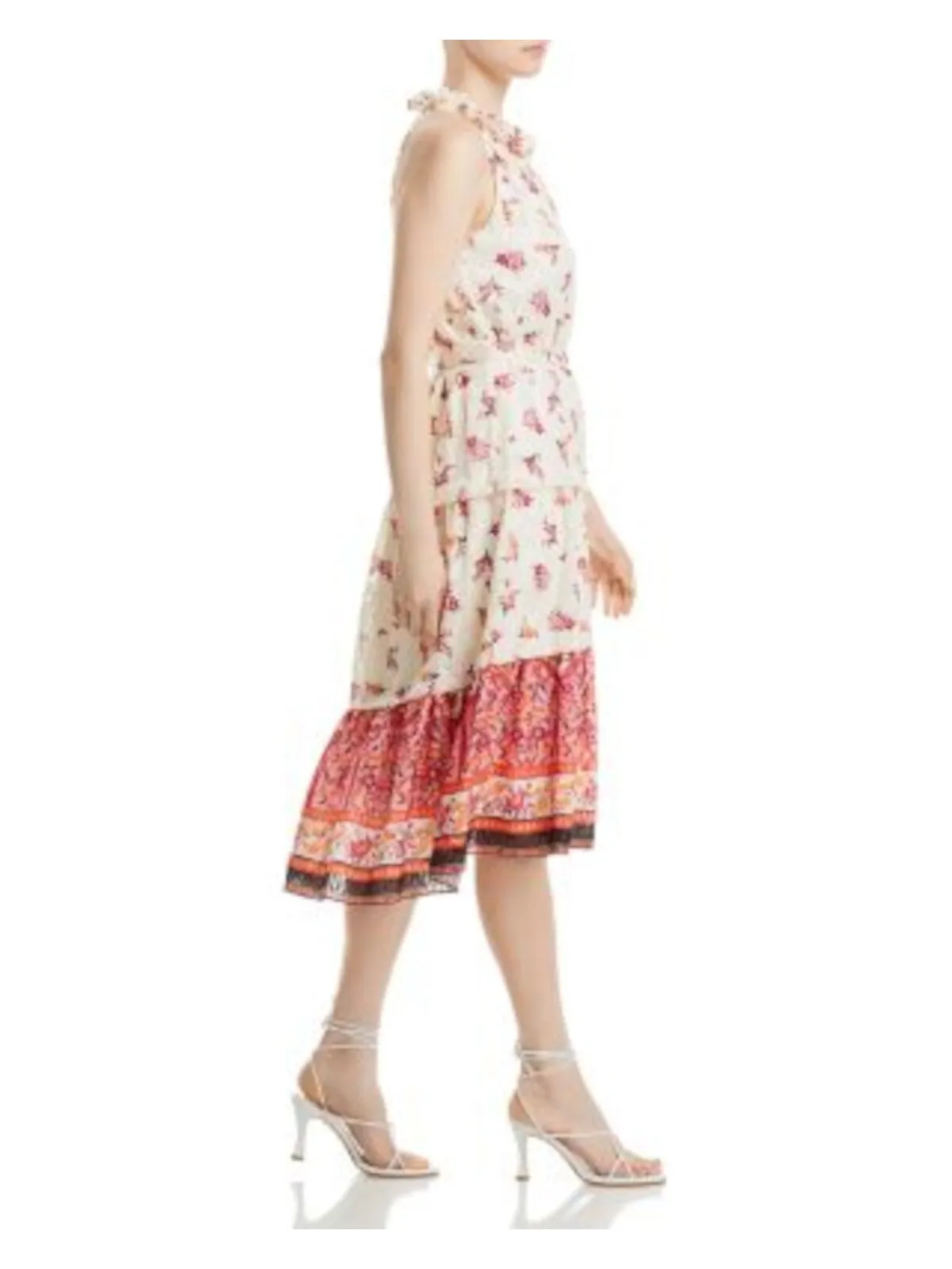 KOBI HALPERIN Womens Ivory Ruffled Lined Tie Belt Tiered Skirt Floral Sleeveless V Neck Below The Knee Shift Dress