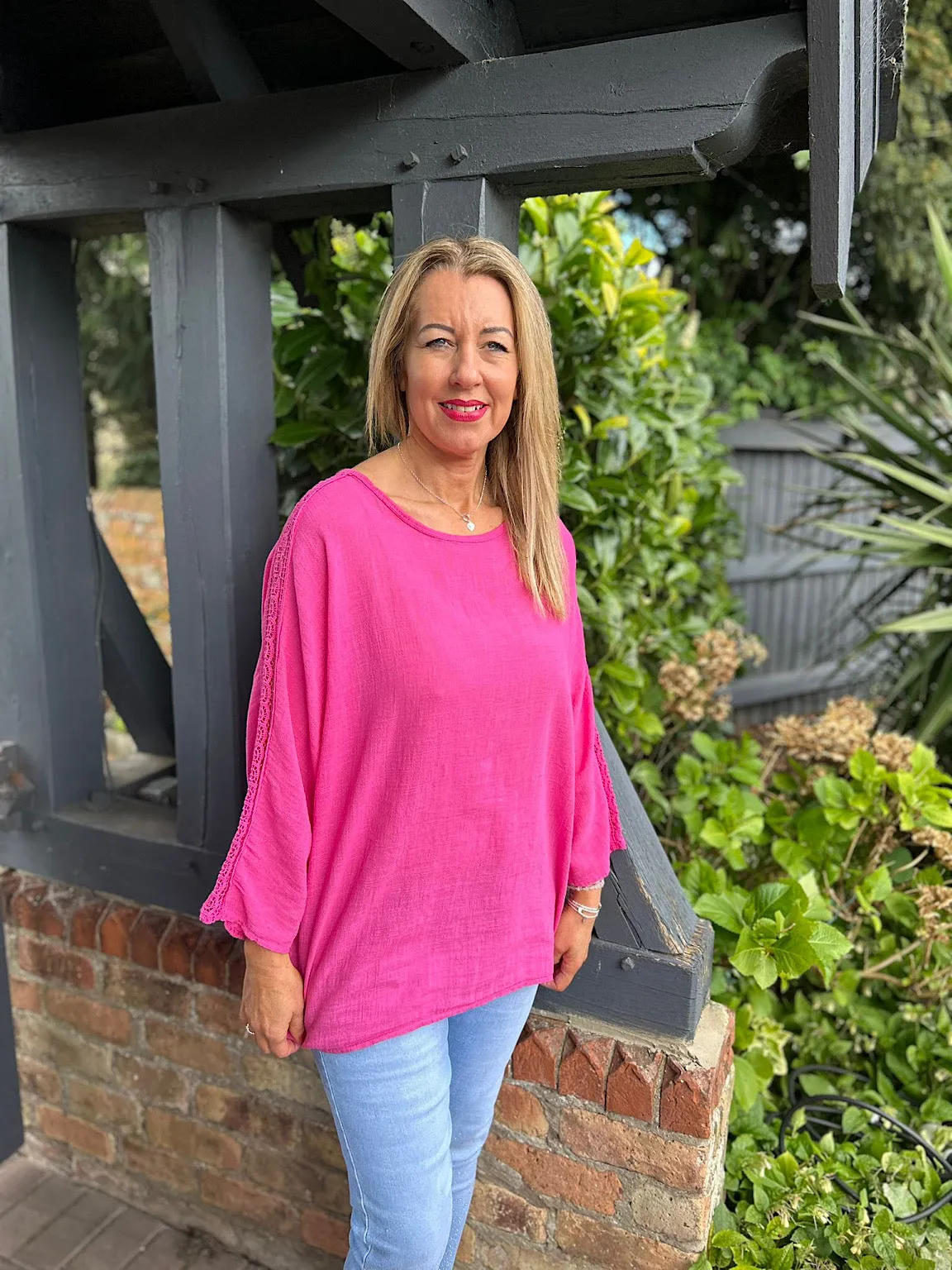 Lipstick Pink Crochet Sleeve Lightweight Top Cleo