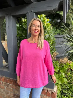 Lipstick Pink Crochet Sleeve Lightweight Top Cleo