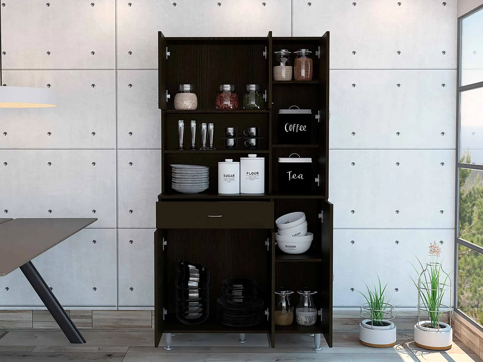 Modern Black Pantry Cabinet with Multiple Storage Shelves