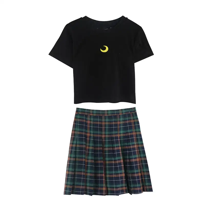 MOON PRINT T-SHIRT & CHECKER PLEATED SKIRT BY22227