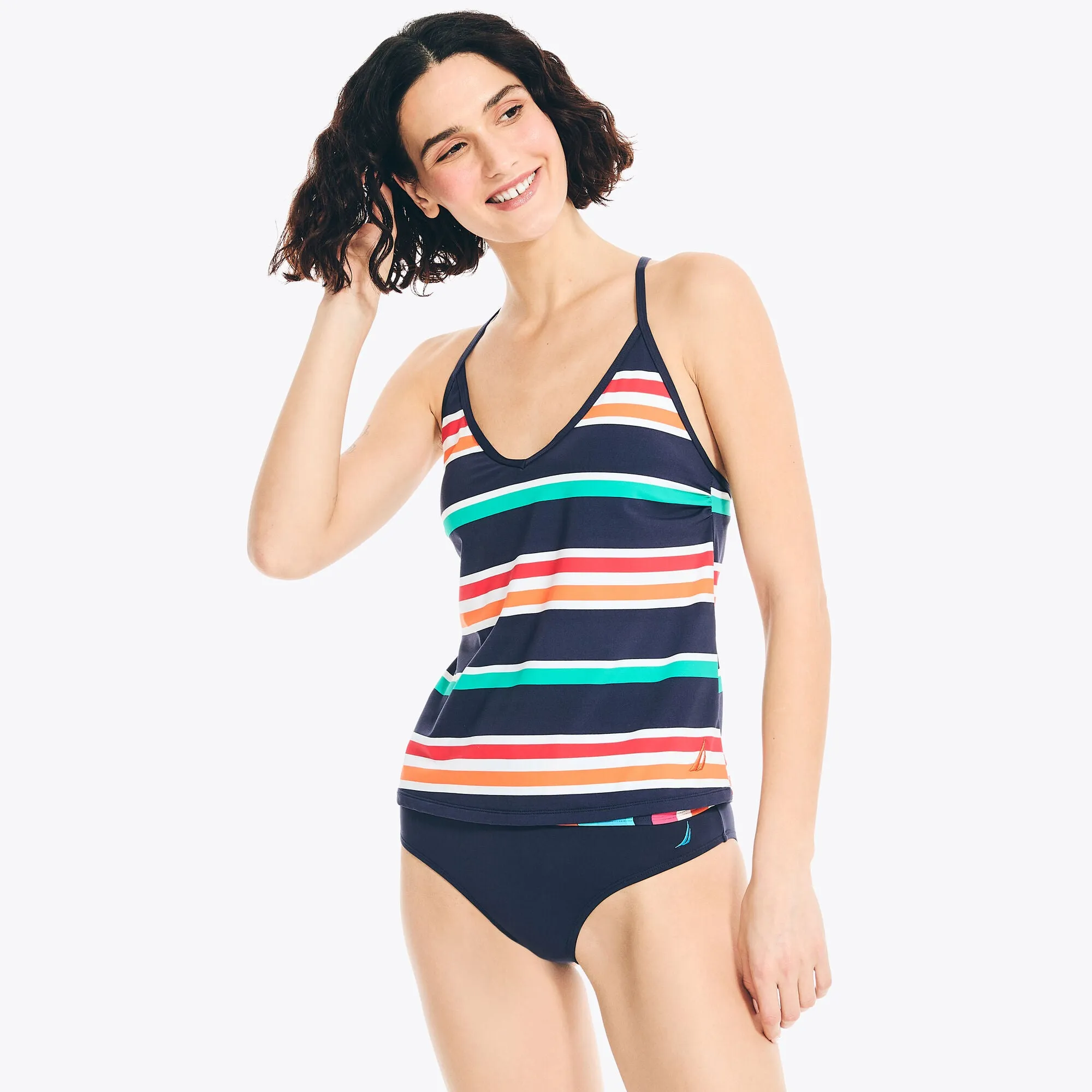 Nautica Women's Striped Tankini Swim Stellar Blue Heather