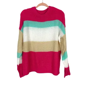 No Brand Fuchsia/Mint/Tan/White Color Block Open Knit Sweater- Size M