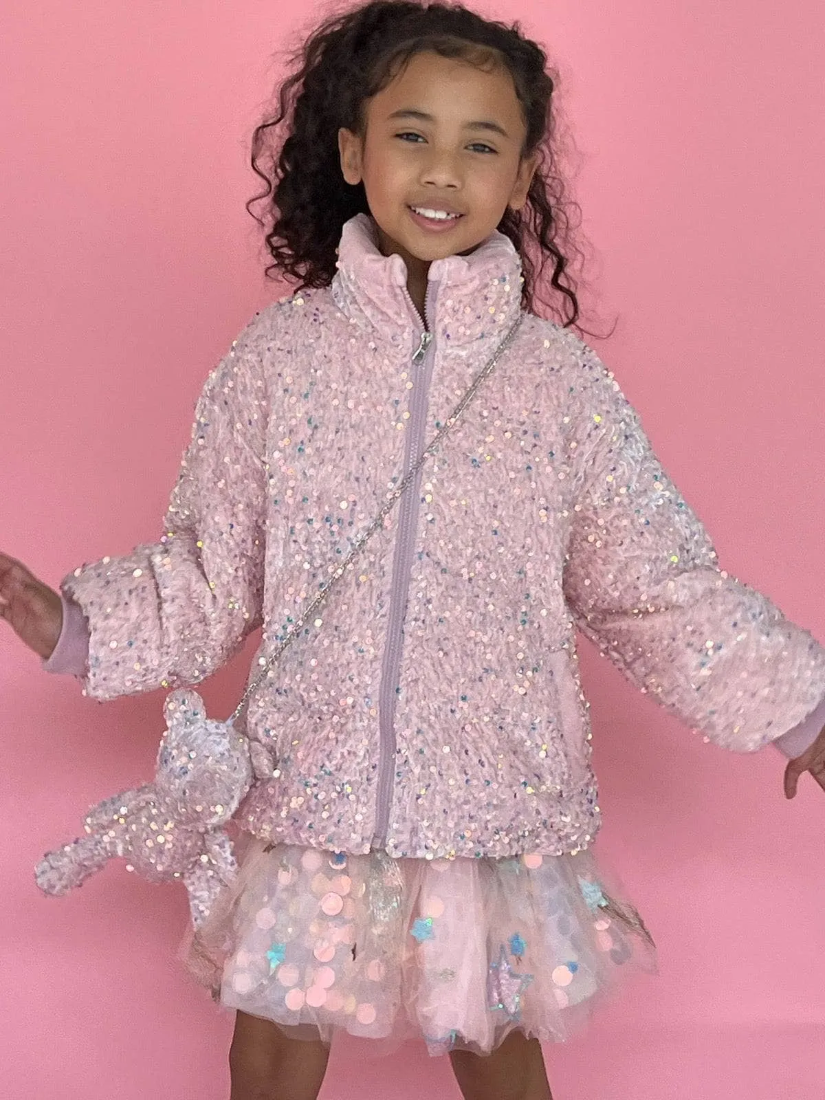 Pink Sequin Puffer Coat With Bear Purse