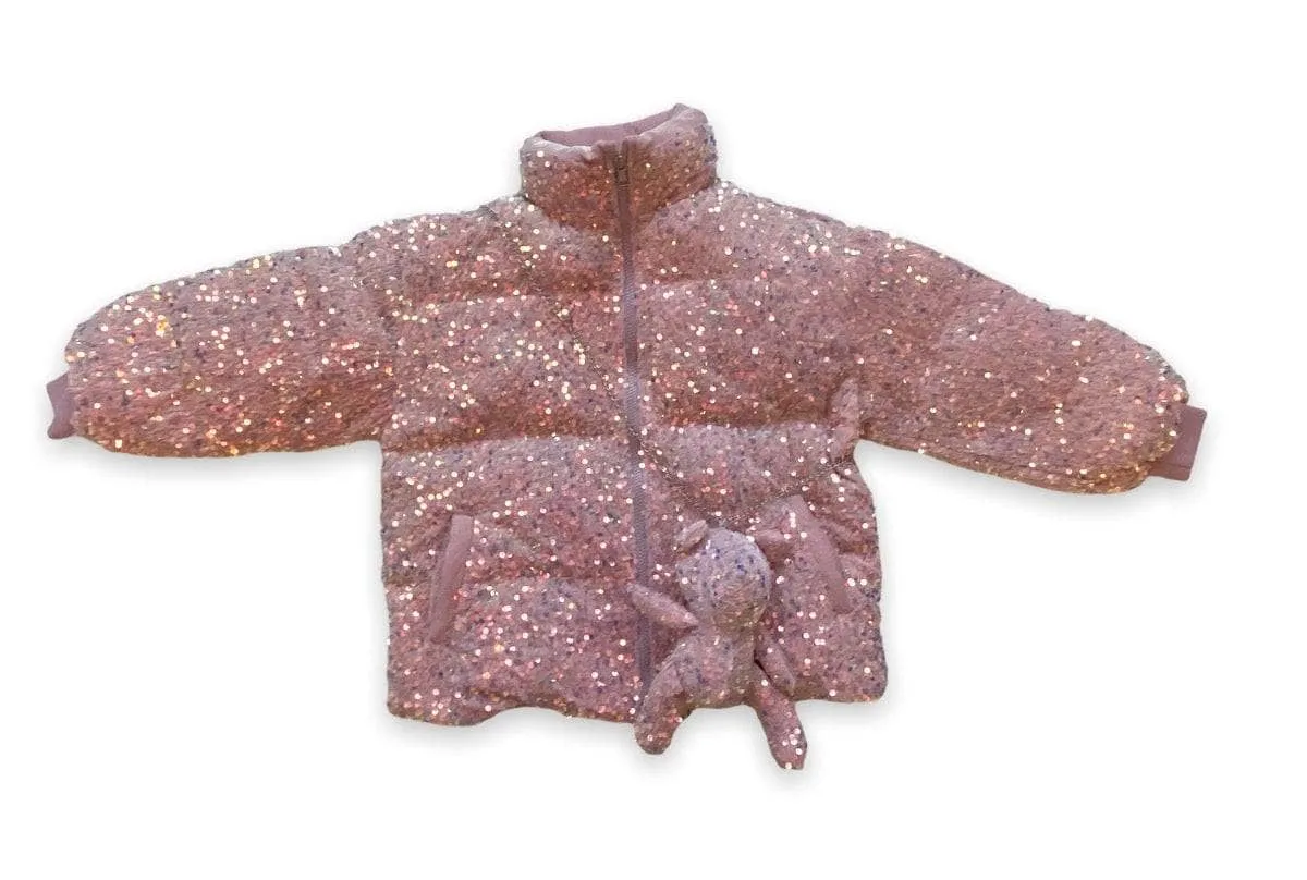 Pink Sequin Puffer Coat With Bear Purse