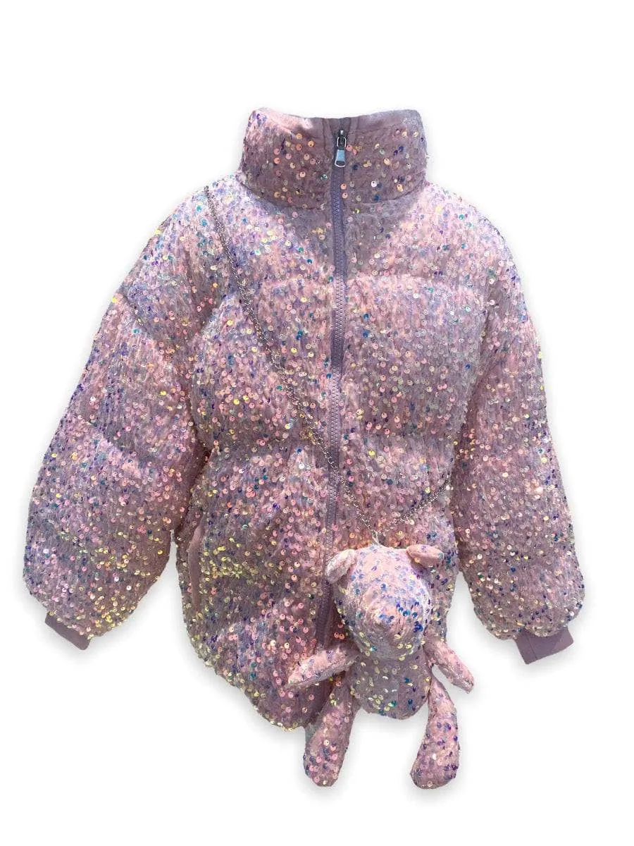 Pink Sequin Puffer Coat With Bear Purse