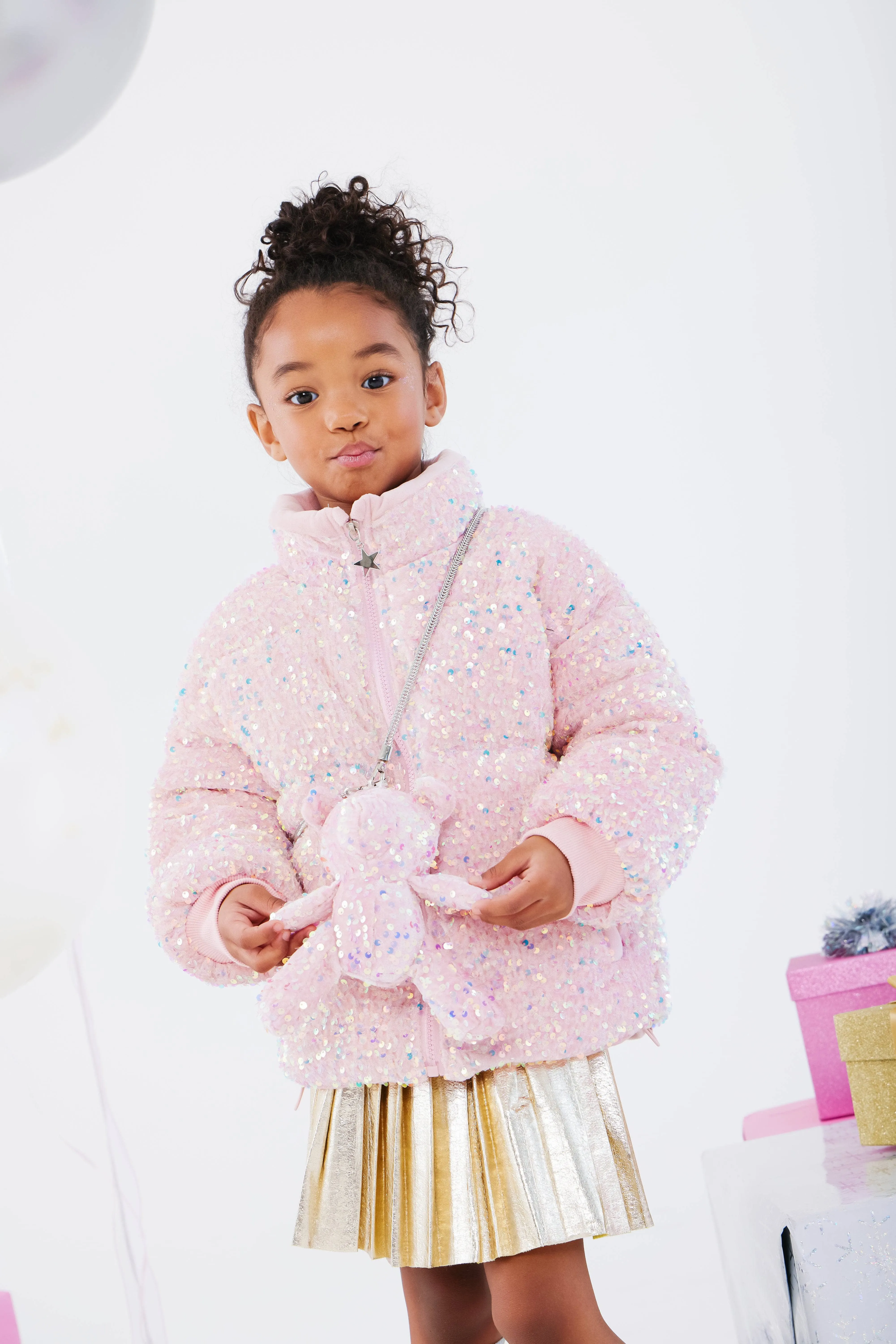 Pink Sequin Puffer Coat With Bear Purse