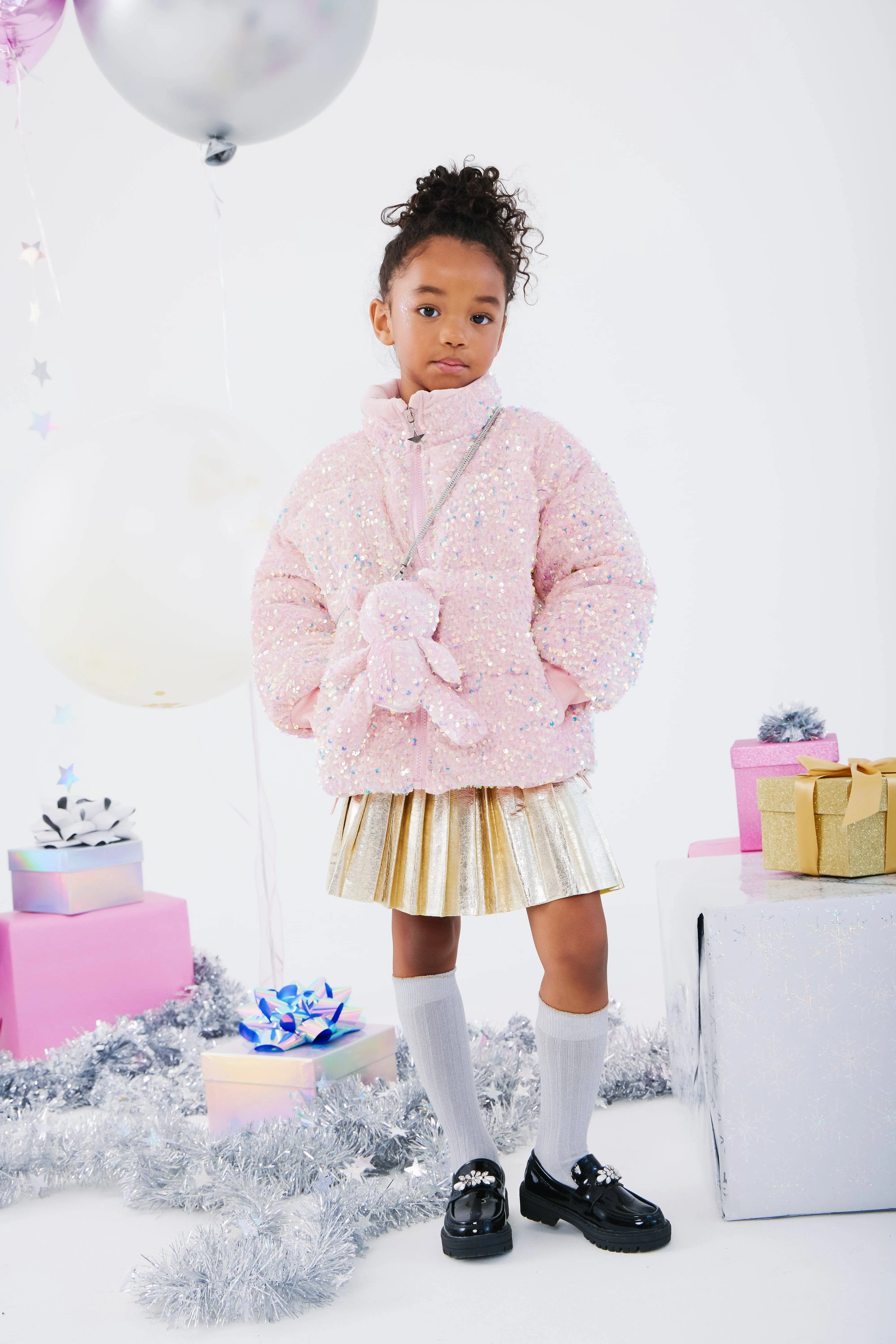 Pink Sequin Puffer Coat With Bear Purse