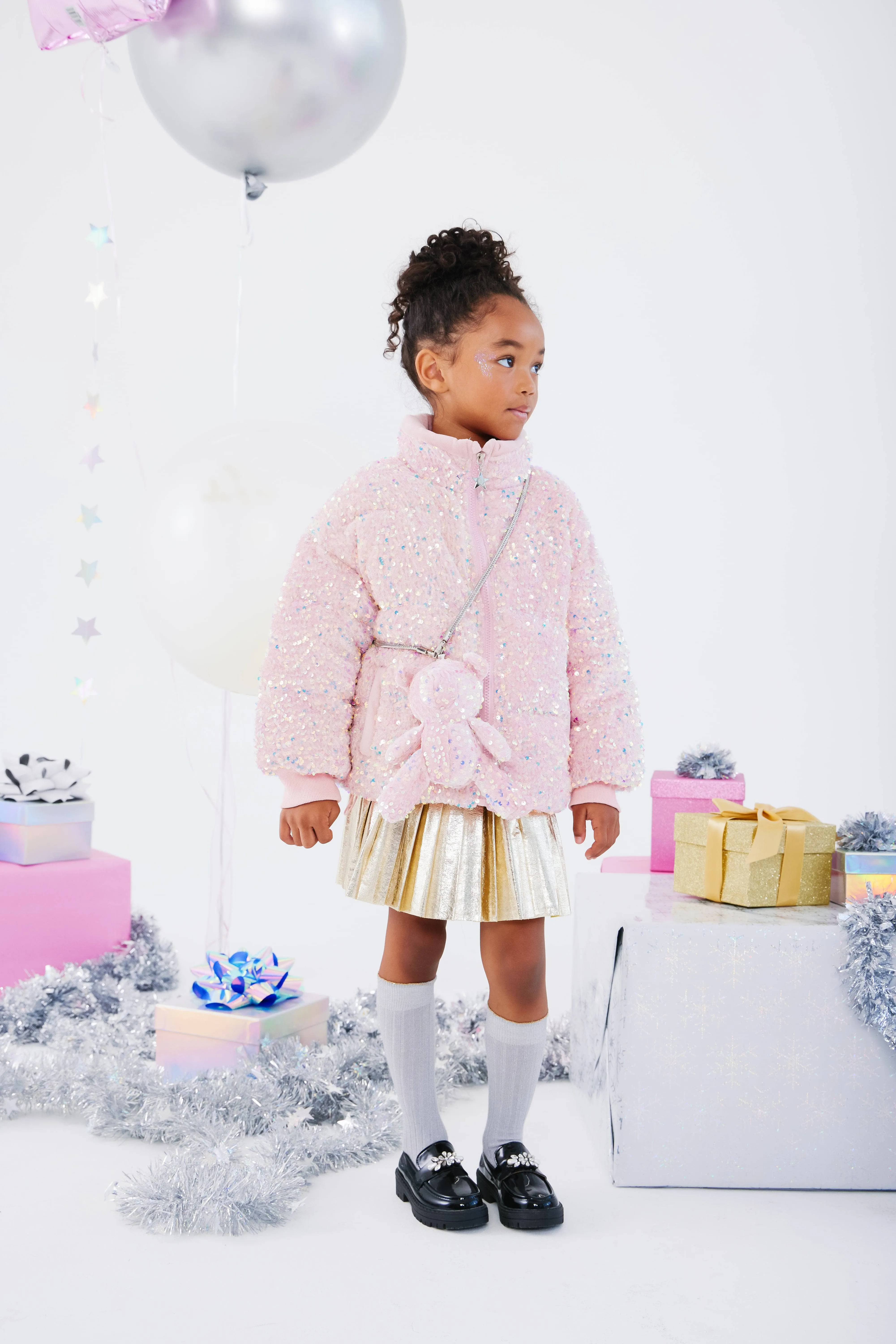 Pink Sequin Puffer Coat With Bear Purse