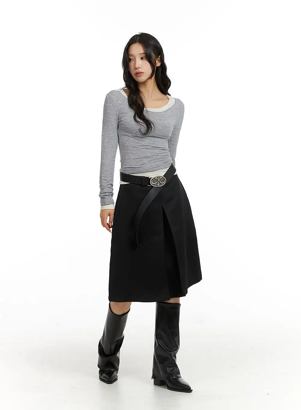 Pleated Mid-Length Solid Skirt CJ417