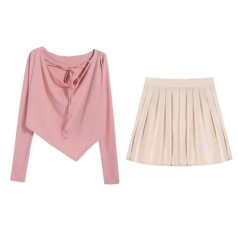 Plus size ulzzang style irregular hem long sleeve top / pleated skirt