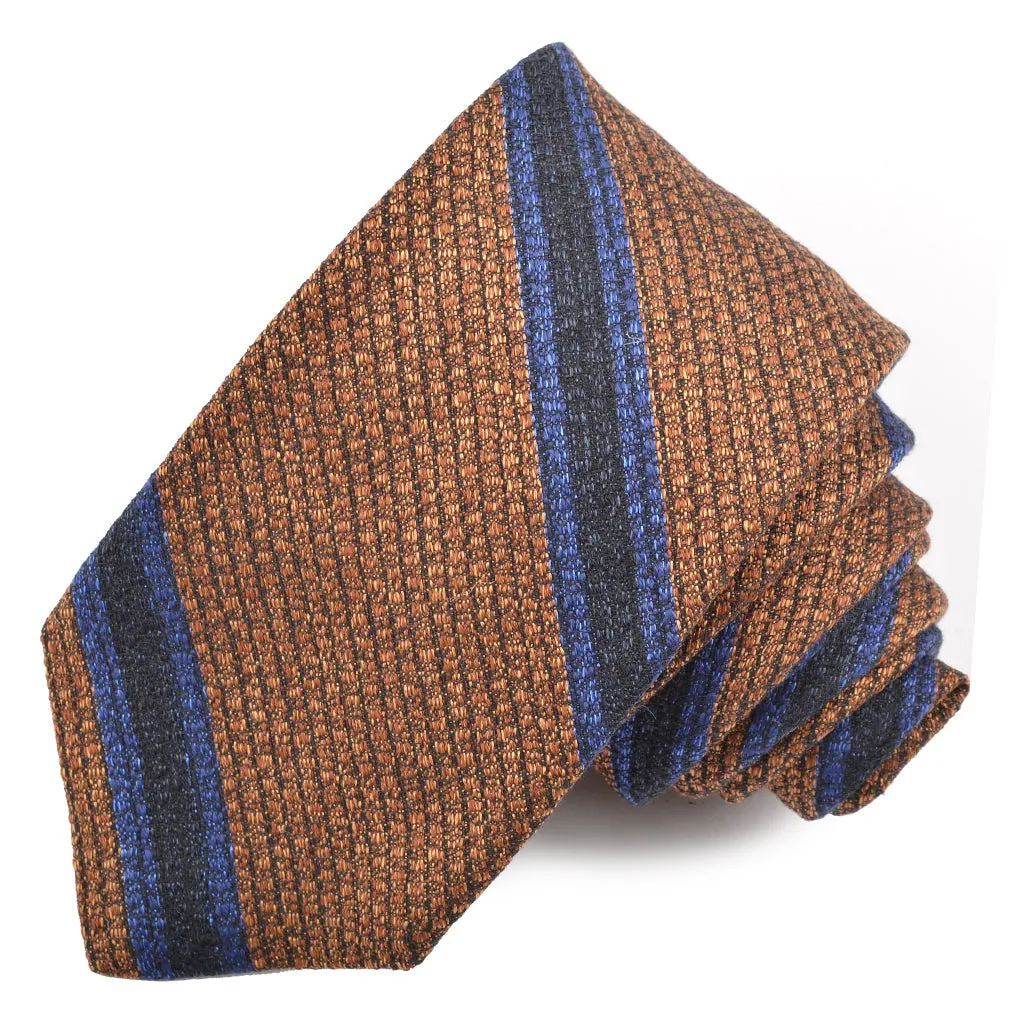 Pumpkin, Navy and Blue Heather Tone Double Bar Stripe Silk, Wool, and Cotton Woven Tie by Dion Neckwear