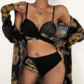 Sexy 3-Piece Snake Swimwear High Waist Push Up Bikini Set with Cover Up