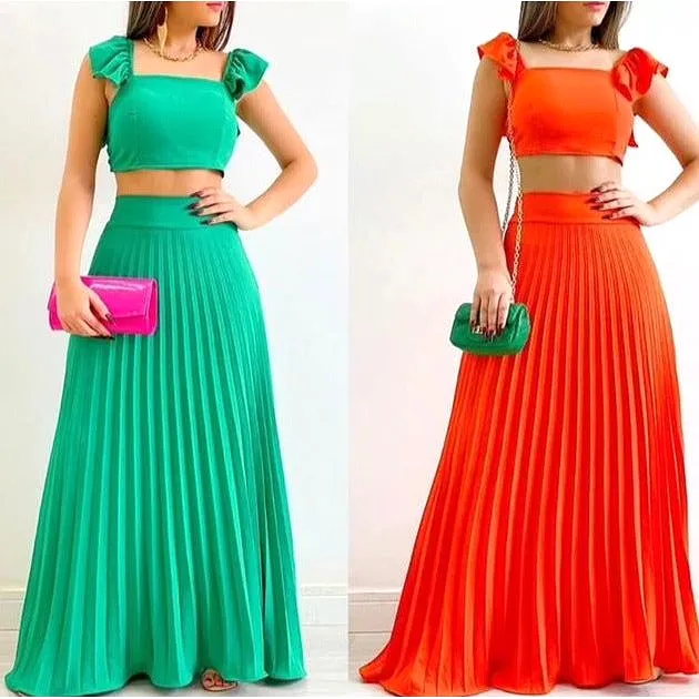 Sexy Pleated Skirt and Square Neck Top Set