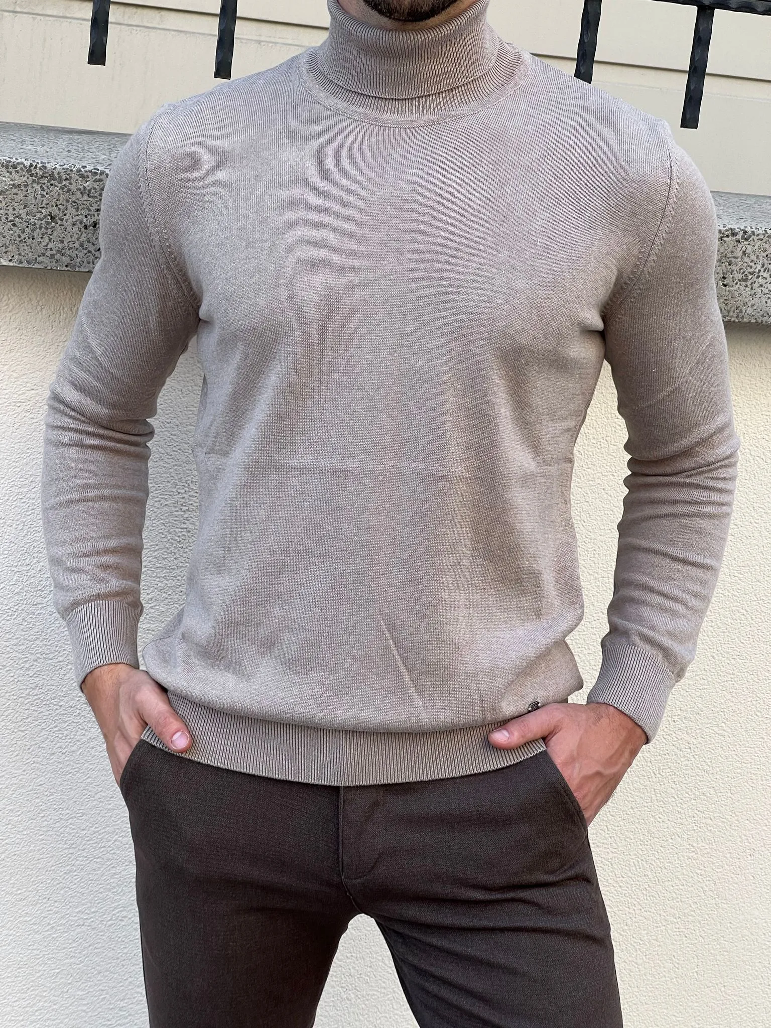 Stefano Slim Fit Beige Turtleneck Sweater