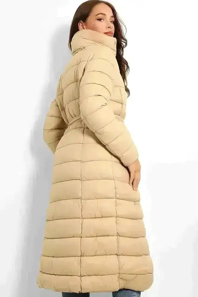 Super High Neck Waist Tie Quilted Midi Puffer Jacket