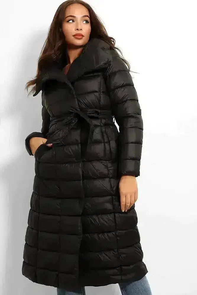 Super High Neck Waist Tie Quilted Midi Puffer Jacket