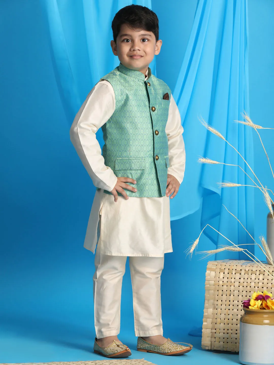 VASTRAMAY Boy's Light Green Woven Jacket With Cream Kurta and Pyjama Set