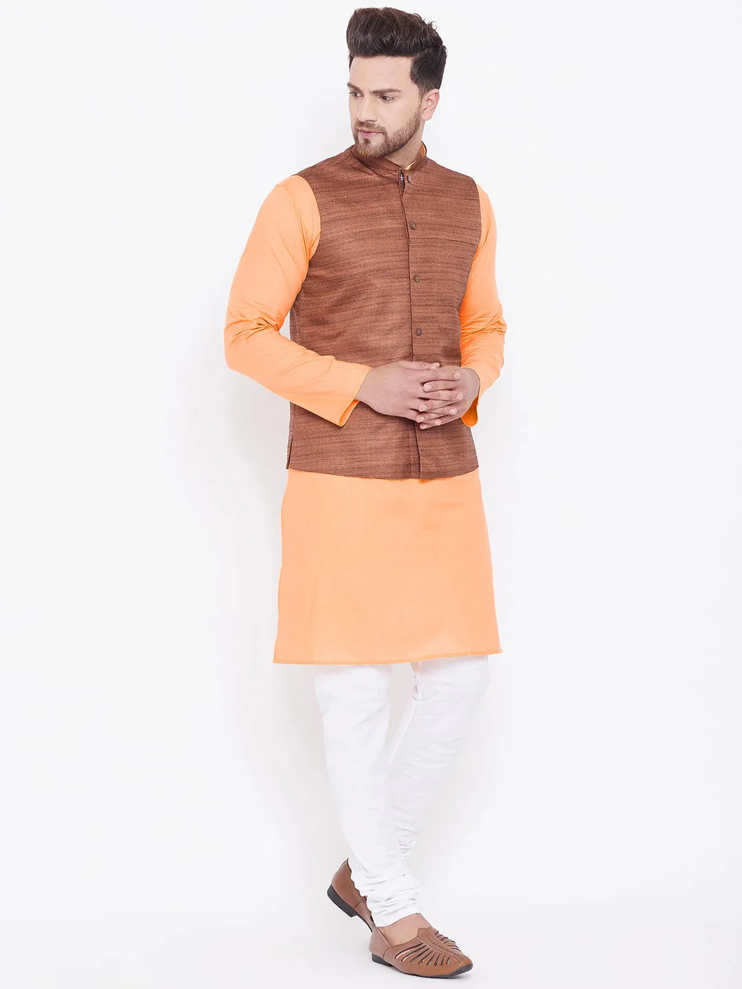 VASTRAMAY Men's Coffee Brown, Fawn And White Cotton Blend Jacket, Kurta and Pyjama Set